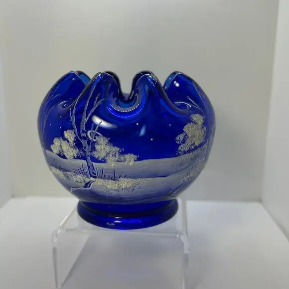Fenton Inverted Ruffle Rose Bowl Cobalt Winter Scene Hand Painted GD Wright - Picture 7 of 9